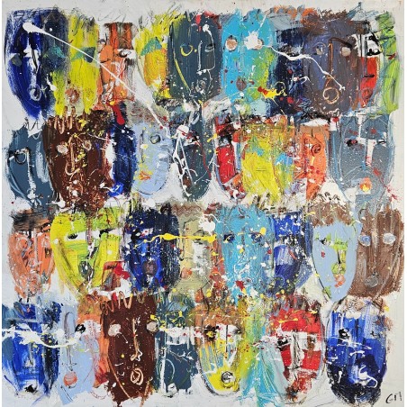 Peinture contemporaine, tableau moderne figuratif, acrylique sur toile 100x100cm intitulée: foule de couleur 1.