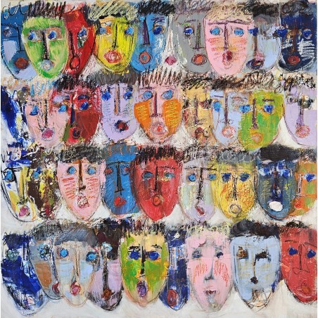 Peinture contemporaine, tableau moderne figuratif, acrylique sur toile 100x100cm intitulée: foules colorées 3.