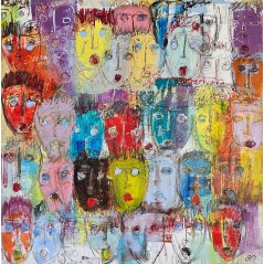 Peinture moderne, tableau contemporain figuratif, acrylique sur toile 100x100cm intitulée: multitetes colorées 4.