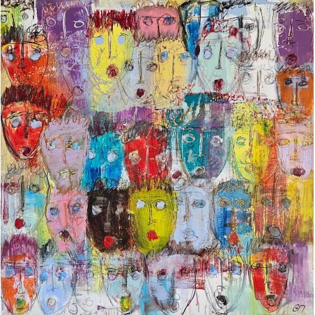 Peinture moderne, tableau contemporain figuratif, acrylique sur toile 100x100cm intitulée: multitetes colorées 4.