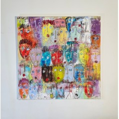 Peinture moderne, tableau contemporain figuratif, acrylique sur toile 100x100cm intitulée: multitetes colorées 4.