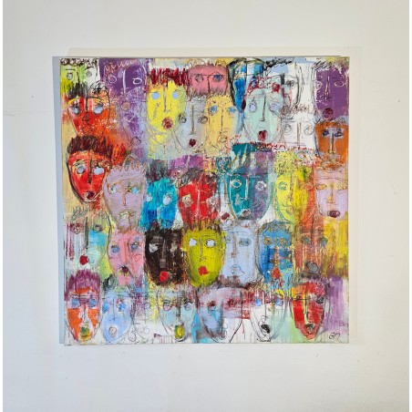 Peinture moderne, tableau contemporain figuratif, acrylique sur toile 100x100cm intitulée: multitetes colorées 4.