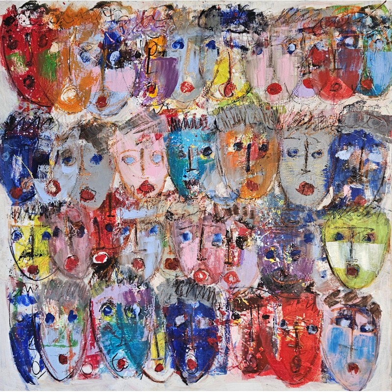 Peinture contemporaine, tableau moderne figuratif, acrylique sur toile 100x100cm intitulée: multitetes colorées 5.