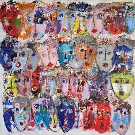 Peinture contemporaine, tableau moderne figuratif, acrylique sur toile 100x100cm intitulée: multitetes colorées 5.