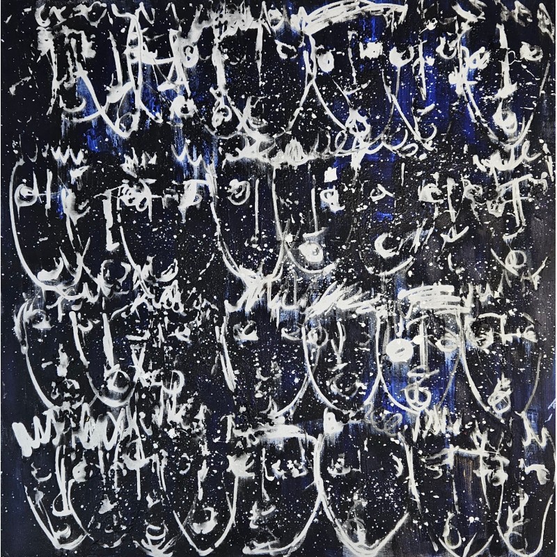 Tableau moderne, peinture contemporaine figurative, acrylique sur toile 100x100cm intitulée: foule bleue