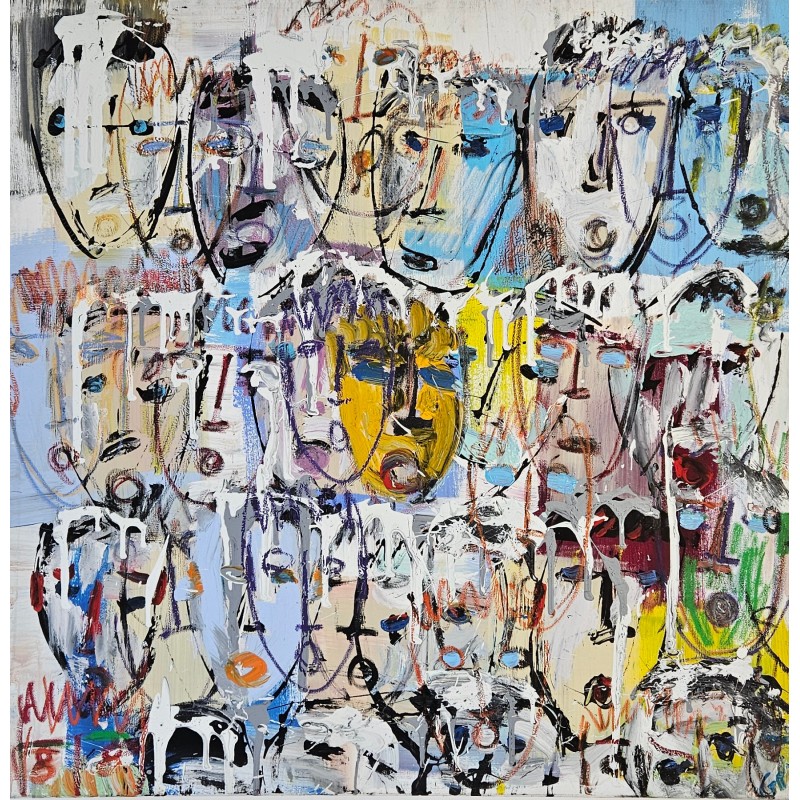 Tableau contemporain, peinture moderne figurative, acrylique sur toile 100x100cm intitulée: multitetes colorées 6.
