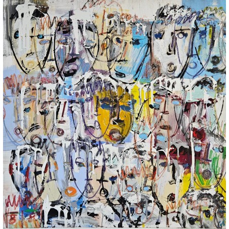 Tableau contemporain, peinture moderne figurative, acrylique sur toile 100x100cm intitulée: multitetes colorées 6.