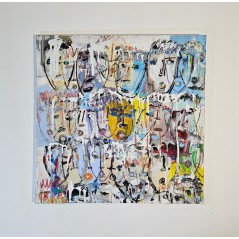 Tableau contemporain, peinture moderne figurative, acrylique sur toile 100x100cm intitulée: multitetes colorées 6.