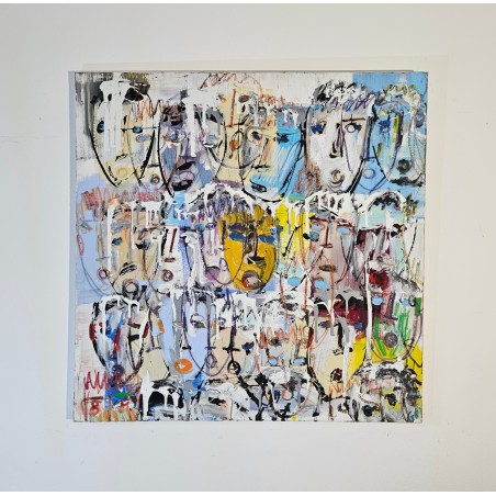 Tableau contemporain, peinture moderne figurative, acrylique sur toile 100x100cm intitulée: multitetes colorées 6.