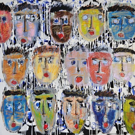 Peinture moderne, tableau contemporain figuratif, acrylique sur toile 100x100cm intitulée: Têtes de couleur