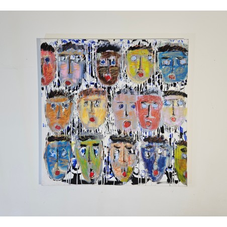 Peinture moderne, tableau contemporain figuratif, acrylique sur toile 100x100cm intitulée: Têtes de couleur