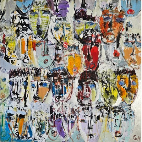 Tableau contemporain, peinture moderne figurative, acrylique sur toile 100x100cm intitulée: multitetes colorées 8.