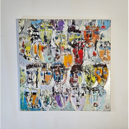 Tableau contemporain, peinture moderne figurative, acrylique sur toile 100x100cm intitulée: multitetes colorées 8.