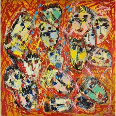 Peinture contemporaine, tableau moderne figuratif, acrylique sur toile 100x100cm intitulée: foule au crépuscule
