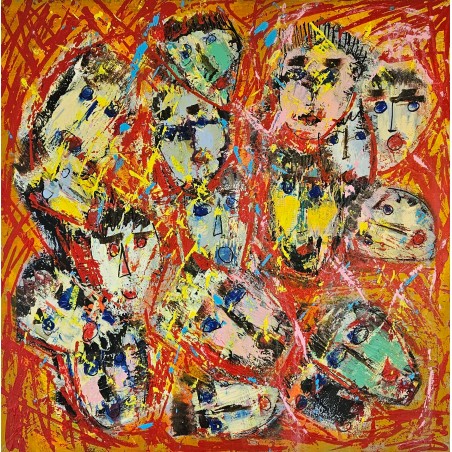 Peinture contemporaine, tableau moderne figuratif, acrylique sur toile 100x100cm intitulée: foule au crépuscule