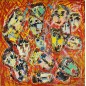 Peinture contemporaine, tableau moderne figuratif, acrylique sur toile 100x100cm intitulée: foule au crépuscule