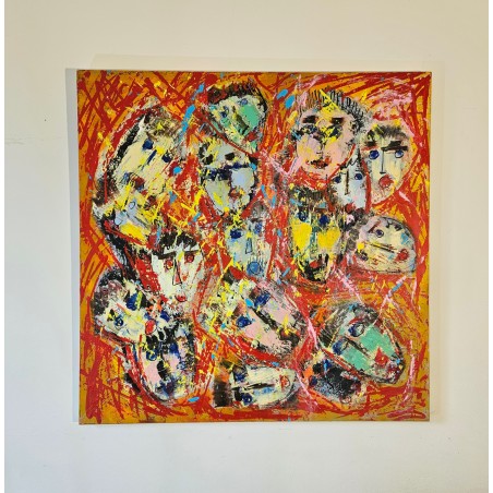 Peinture contemporaine, tableau moderne figuratif, acrylique sur toile 100x100cm intitulée: foule au crépuscule