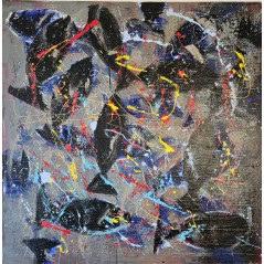 Peinture contemporaine, tableau moderne figuratif, acrylique sur toile 100x100cm intitulée: poissons noirs.