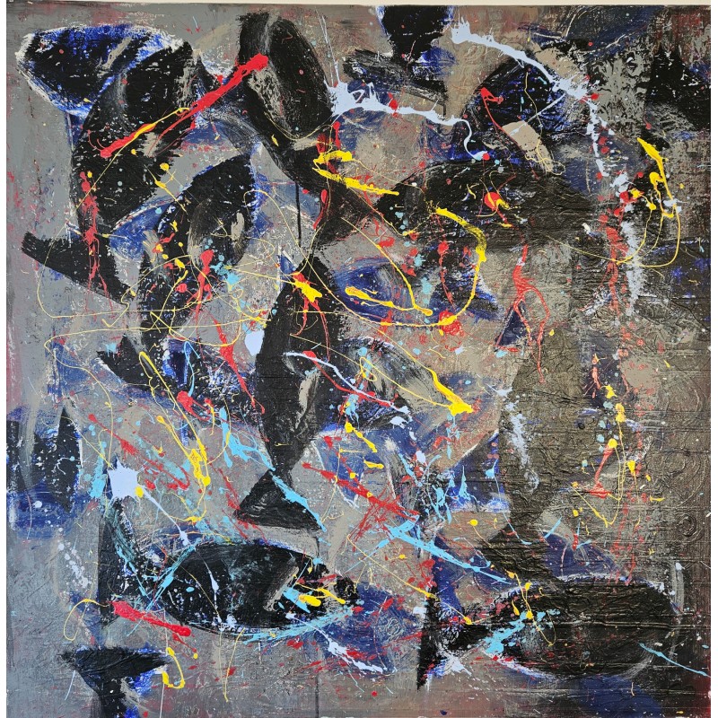 Peinture contemporaine, tableau moderne figuratif, acrylique sur toile 100x100cm intitulée: poissons noirs.