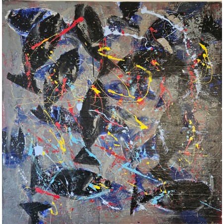 Peinture contemporaine, tableau moderne figuratif, acrylique sur toile 100x100cm intitulée: poissons noirs.