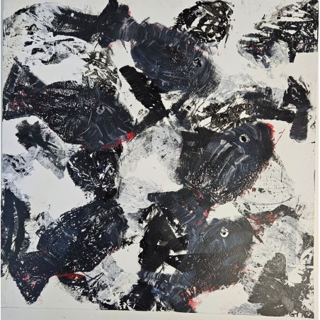 Peinture moderne, tableau contemporain figuratif, acrylique sur toile 100x100cm intitulée: poissons noirs et rouges.