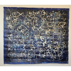 Peinture contemporaine, tableau moderne figuratif, acrylique sur toile 167x185cm intitulée: poissons bleus.