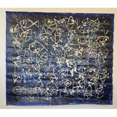 Peinture contemporaine, tableau moderne figuratif, acrylique sur toile 167x185cm intitulée: poissons bleus.