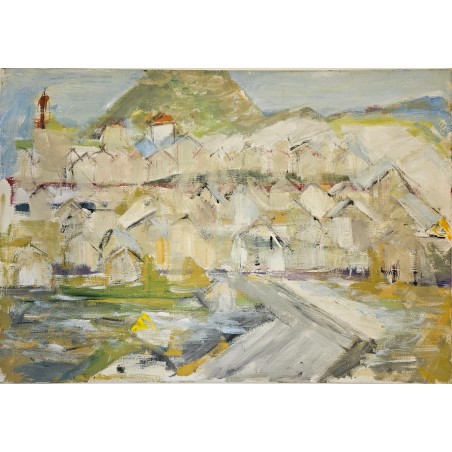 Peinture contemporaine, tableau moderne figuratif, paysage, acrylique sur toile 100x73cm intitulée: paysage vert.
