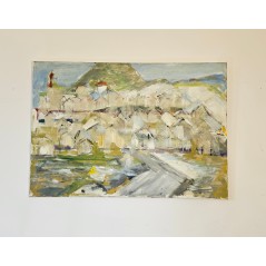 Peinture contemporaine, tableau moderne figuratif, paysage, acrylique sur toile 100x73cm intitulée: paysage vert.