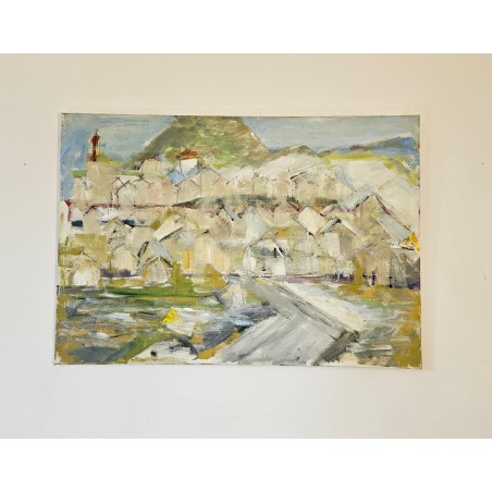 Peinture contemporaine, tableau moderne figuratif, paysage, acrylique sur toile 100x73cm intitulée: paysage vert.