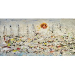 Voiliers sur mer 4 peinture acrylique et collage figurative moderne sur toile 100x50cm