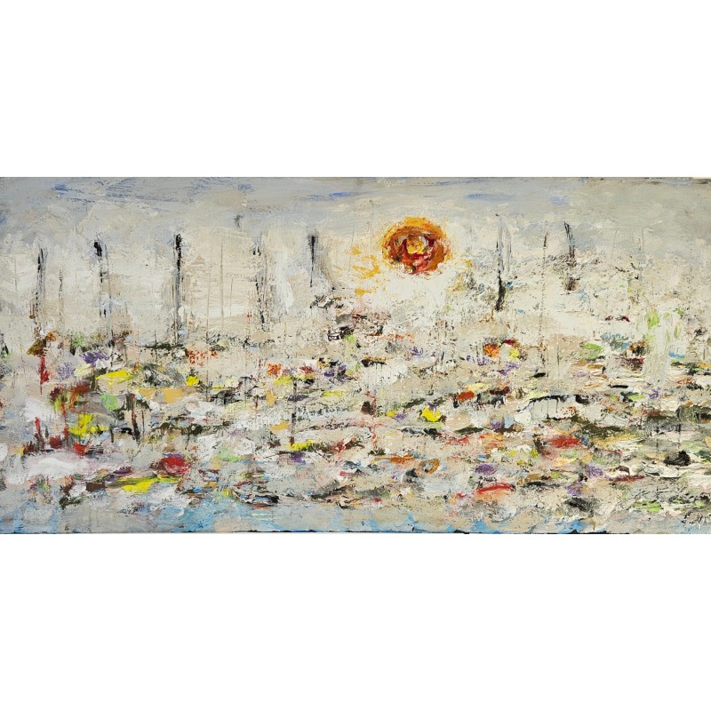 Voiliers sur mer 4 peinture acrylique et collage figurative moderne sur toile 100x50cm