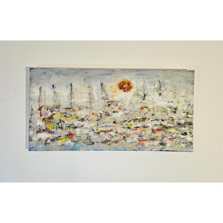 Voiliers sur mer 4 peinture acrylique et collage figurative moderne sur toile 100x50cm
