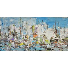 Voiliers sur mer 2 peinture acrylique et collage figurative sur toile 100x50cm