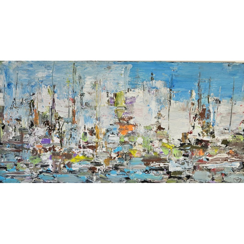 Voiliers sur mer 2 peinture acrylique et collage figurative sur toile 100x50cm