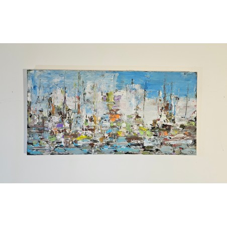 Voiliers sur mer 2 peinture acrylique et collage figurative sur toile 100x50cm