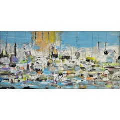 Voiliers sur mer 1 peinture acrylique et collage figurative sur toile 100x50cm