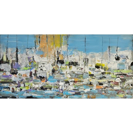 Voiliers sur mer 1 peinture acrylique et collage figurative sur toile 100x50cm