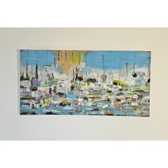 Voiliers sur mer 1 peinture acrylique et collage figurative sur toile 100x50cm
