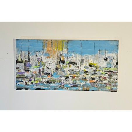 Voiliers sur mer 1 peinture acrylique et collage figurative sur toile 100x50cm