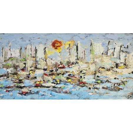 Voiliers sur mer 3 peinture acrylique et collage figurative sur toile 100x50cm