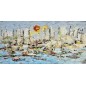 Voiliers sur mer 3 peinture acrylique et collage figurative sur toile 100x50cm