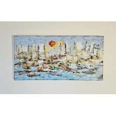 Voiliers sur mer 3 peinture acrylique et collage figurative sur toile 100x50cm