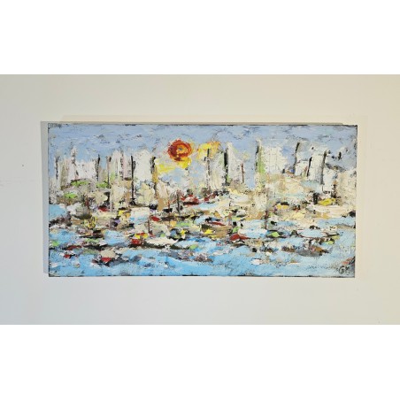 Voiliers sur mer 3 peinture acrylique et collage figurative sur toile 100x50cm