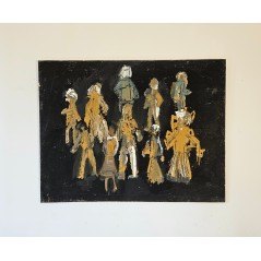 Peinture contemporaine, tableau moderne figuratif, acrylique et collage sur toile 116X89cm intitulée: scène de rue la nuit.