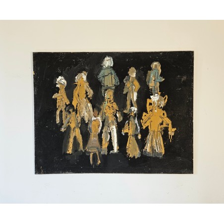 Peinture contemporaine, tableau moderne figuratif, acrylique et collage sur toile 116X89cm intitulée: scène de rue la nuit.