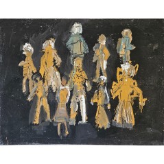 Peinture contemporaine, tableau moderne figuratif, acrylique et collage sur toile 116X89cm intitulée: scène de rue la nuit.