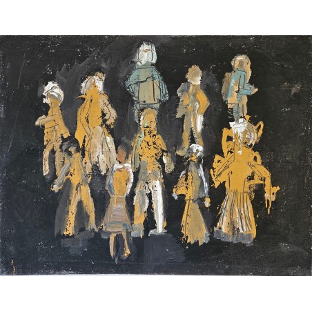 Peinture contemporaine, tableau moderne figuratif, acrylique et collage sur toile 116X89cm intitulée: scène de rue la nuit.