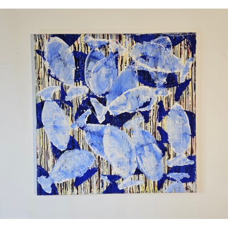 Peinture moderne, tableau contemporain figuratif, acrylique sur toile 100x100cm intitulée: poissons tigres blancs et bleus.