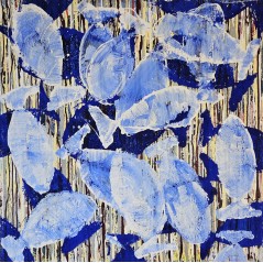Peinture moderne, tableau contemporain figuratif, acrylique sur toile 100x100cm intitulée: poissons tigres blancs et bleus.